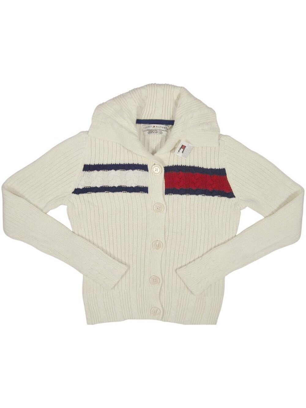 NEW Vintage Tommy Hilfiger Cardigan Sweater! Off White Tommy Red & Navy Stripes